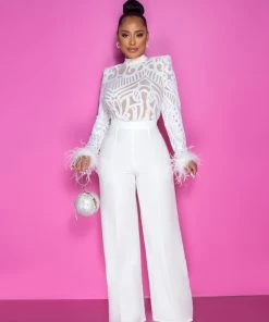Vendor-unknown JUST IN Prado Off-White Sequins Sheer Top Feather Cuffs Jumpsuit
