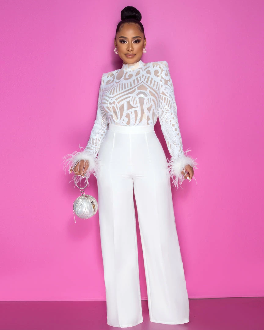 Vendor-unknown JUST IN Prado Off-White Sequins Sheer Top Feather Cuffs Jumpsuit