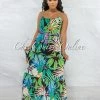 Vendor-unknown Kollin Black Multi-Color Leaf Print Ruffle Maxi Dress