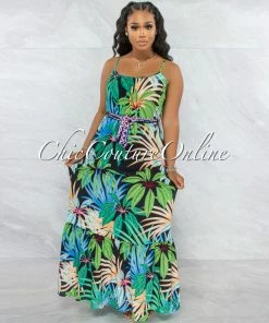 Vendor-unknown Kollin Black Multi-Color Leaf Print Ruffle Maxi Dress