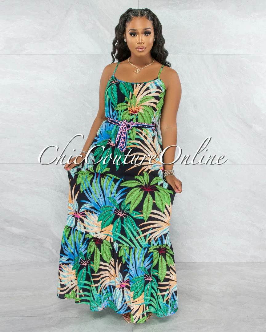Vendor-unknown Kollin Black Multi-Color Leaf Print Ruffle Maxi Dress