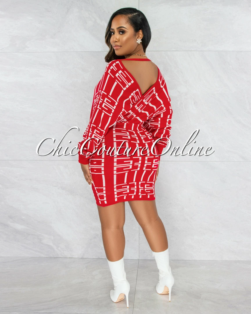 Vendor-unknown CLOTHING Carusa Red White Print Knit Wrap Sweater Dress