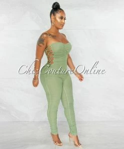 Chic Couture Online Mikela Sage Mesh Sheer Ruched Lace-Up Sides Jumpsuit JUST IN
