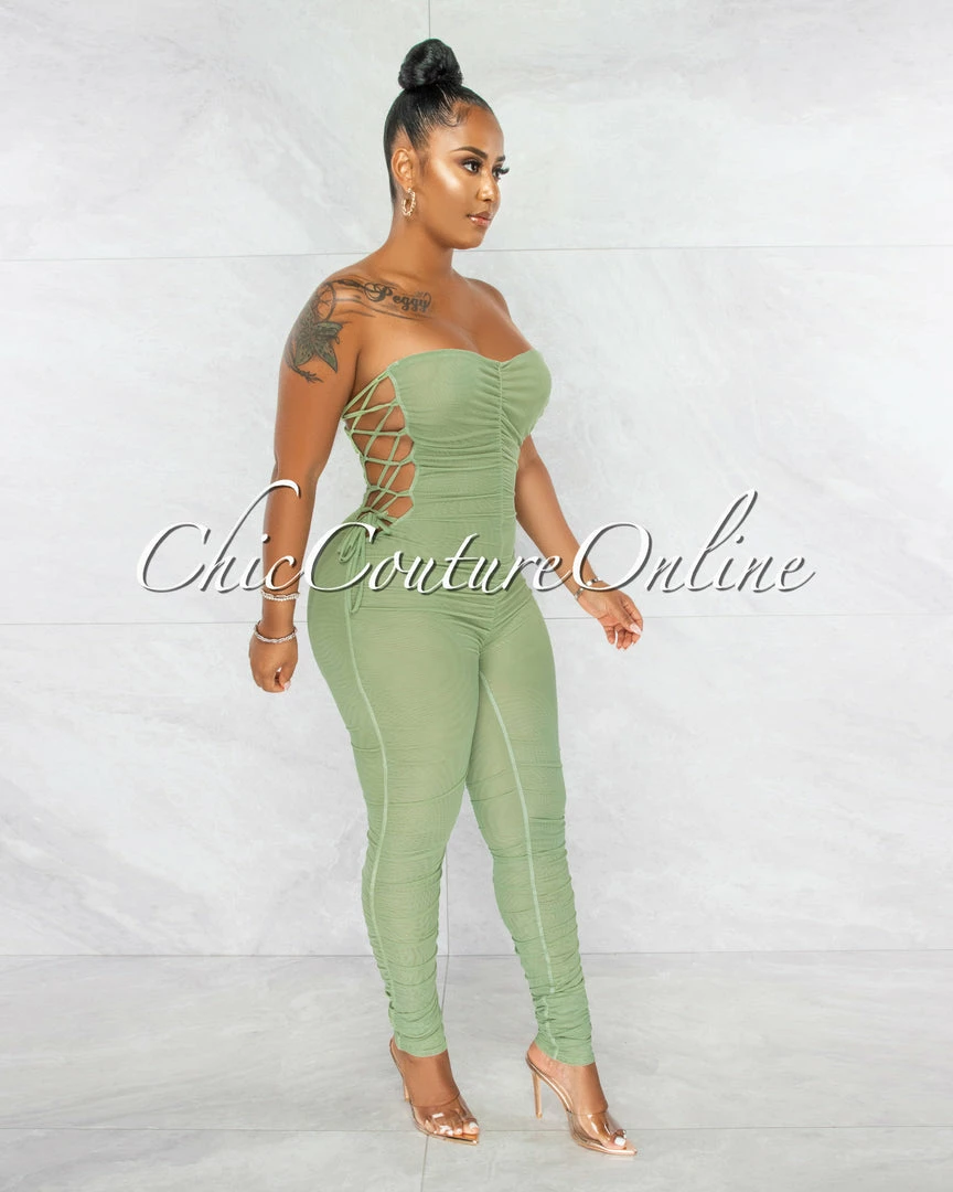 Chic Couture Online Mikela Sage Mesh Sheer Ruched Lace-Up Sides Jumpsuit JUST IN