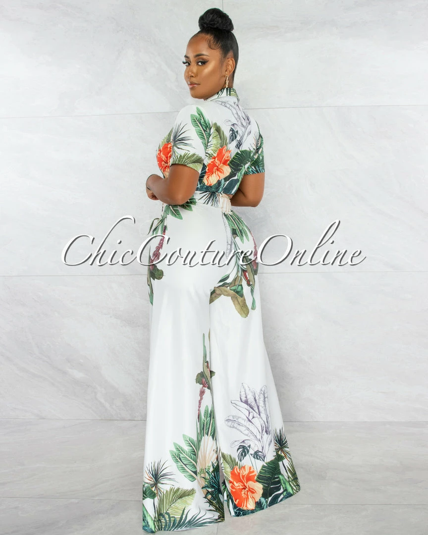 Chic Couture Online JUST IN Alyssa White Green Blazer Crop Top & Wide Pants Set