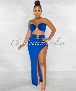 Chic Couture Online Alyza Royal Blue Gold Accent Top & Maxi Slit Skirt Set