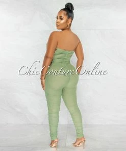 Chic Couture Online Mikela Sage Mesh Sheer Ruched Lace-Up Sides Jumpsuit JUST IN