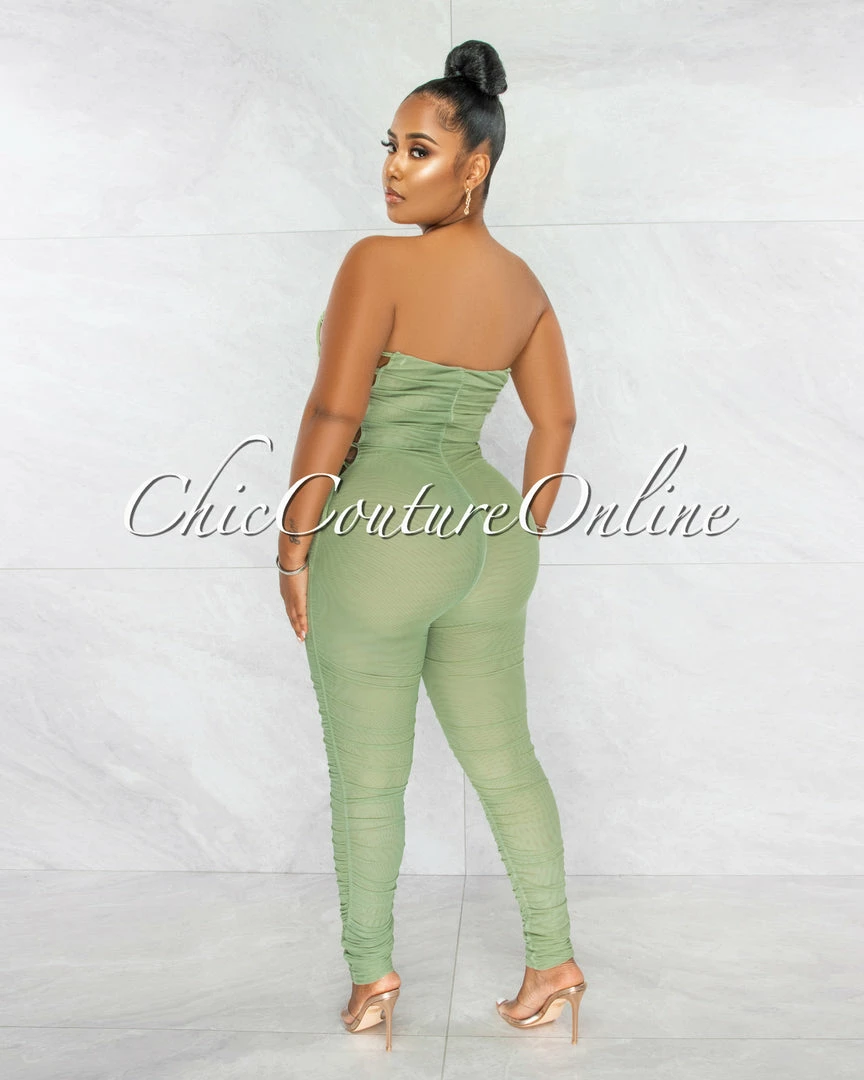 Chic Couture Online Mikela Sage Mesh Sheer Ruched Lace-Up Sides Jumpsuit JUST IN