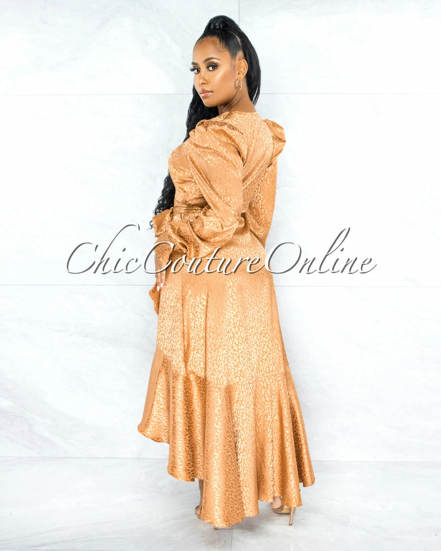 Chic Couture Online Caprile Gold Leopard Print Satin High Low Ruffle Dress JUST IN