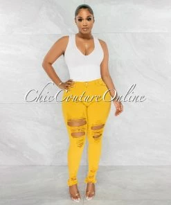 Chic Couture Online JUST IN Soraya Mustard Denim High Waist Destroyed Jeans