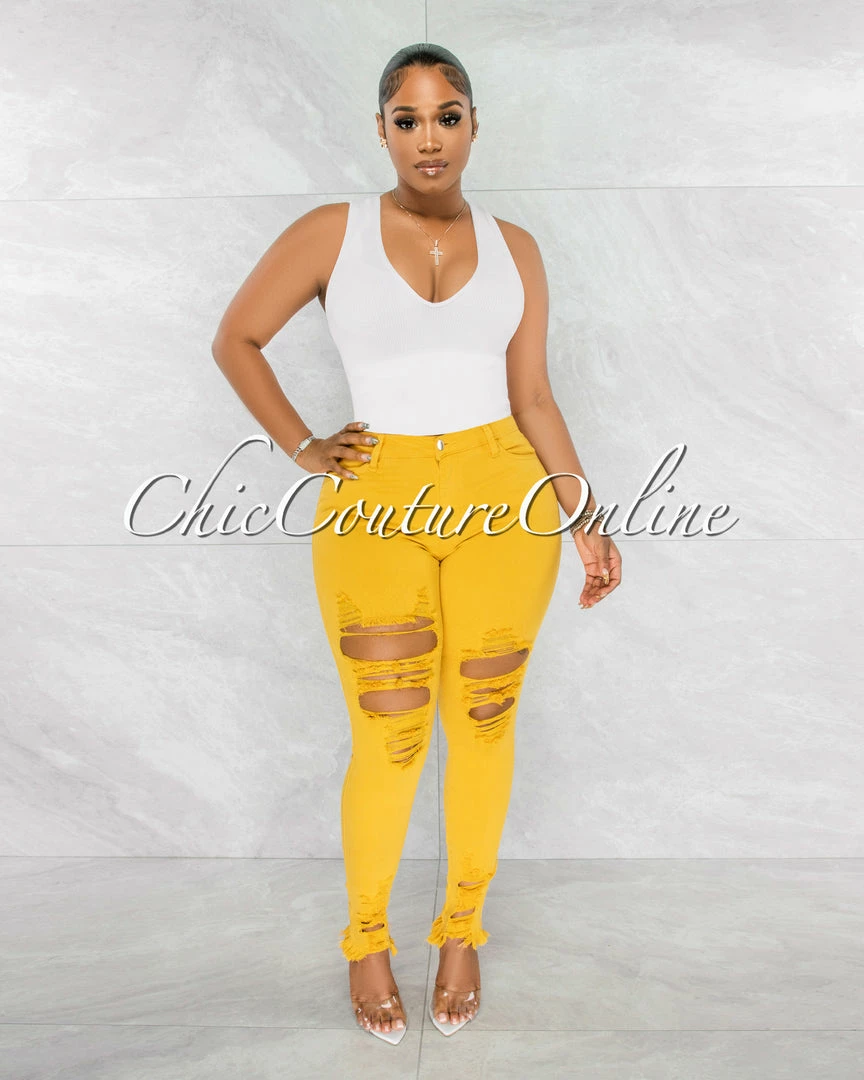Chic Couture Online JUST IN Soraya Mustard Denim High Waist Destroyed Jeans
