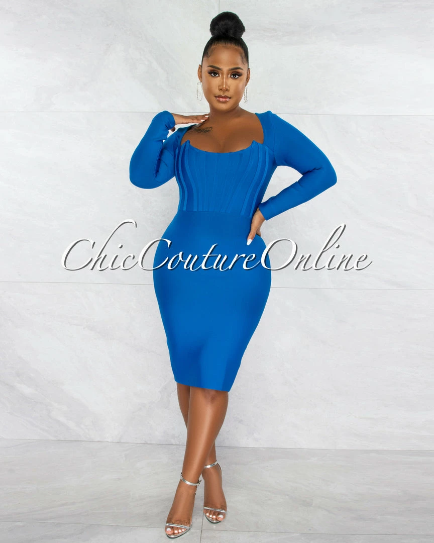 Chic Couture Online Driana Royal Blue Corset Style Bandage Midi Dress