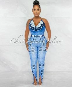 Chic Couture Online Felicity Blue Print Silky Crop Top & Slit Leggings Set