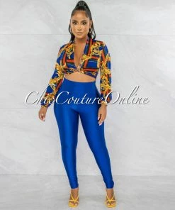Chic Couture Online JUST IN Axelle Royal Blue Red Print Tie Top & Royal Blue Leggings Set