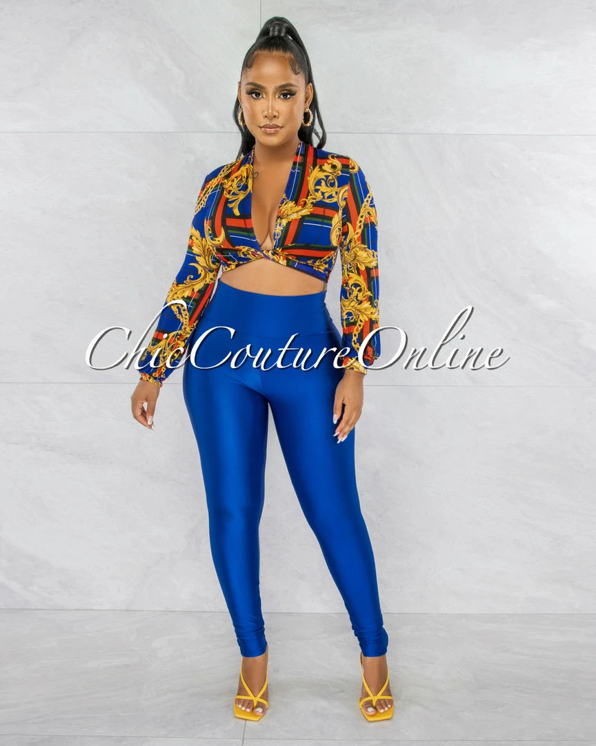 Chic Couture Online JUST IN Axelle Royal Blue Red Print Tie Top & Royal Blue Leggings Set