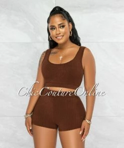Vendor-unknown Hossah Brown Ribbed Crop Top & Shorts Set