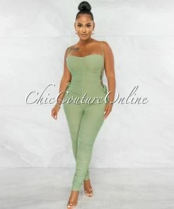 Chic Couture Online Mikela Sage Mesh Sheer Ruched Lace-Up Sides Jumpsuit JUST IN
