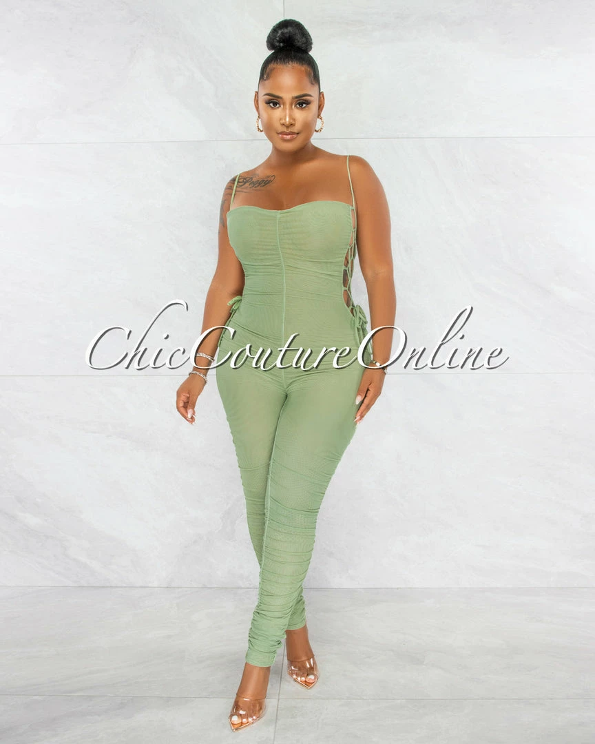 Chic Couture Online Mikela Sage Mesh Sheer Ruched Lace-Up Sides Jumpsuit JUST IN