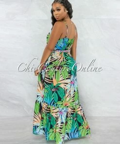 Vendor-unknown Kollin Black Multi-Color Leaf Print Ruffle Maxi Dress