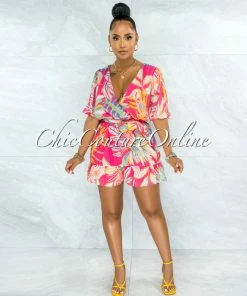 Vendor-unknown Goliath Hot Pink Multi Color Print Wrap Ruffle Romper