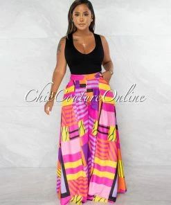 Chic Couture Online JUST IN Julie Fuchsia Multi Color Abstract Print Pleated Wide Pants