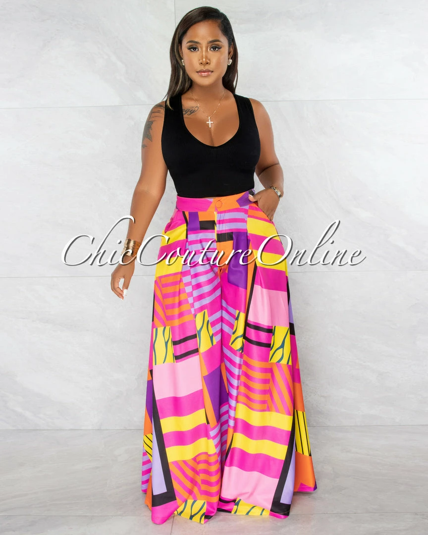 Chic Couture Online JUST IN Julie Fuchsia Multi Color Abstract Print Pleated Wide Pants
