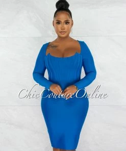 Chic Couture Online Driana Royal Blue Corset Style Bandage Midi Dress