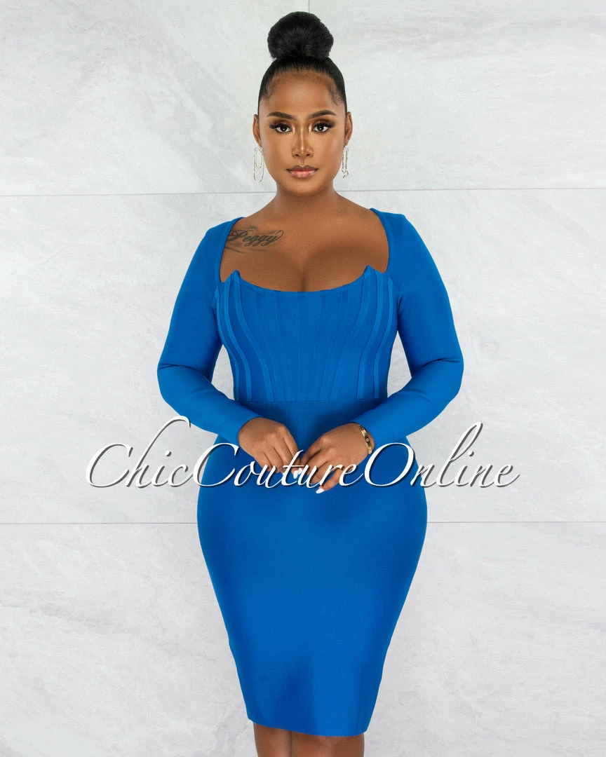 Chic Couture Online Driana Royal Blue Corset Style Bandage Midi Dress