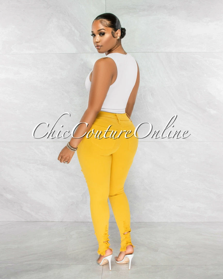 Chic Couture Online JUST IN Soraya Mustard Denim High Waist Destroyed Jeans