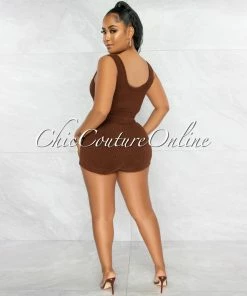 Vendor-unknown Hossah Brown Ribbed Crop Top & Shorts Set