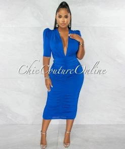 Chic Couture Online Sandy Royal Blue Deep V-Neck Padded Shoulders Midi Dress