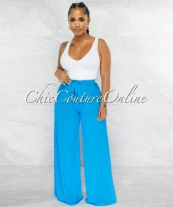 Vendor-unknown Chairo Turquoise Self-Tie Wait Wide Legs Pants JUST IN