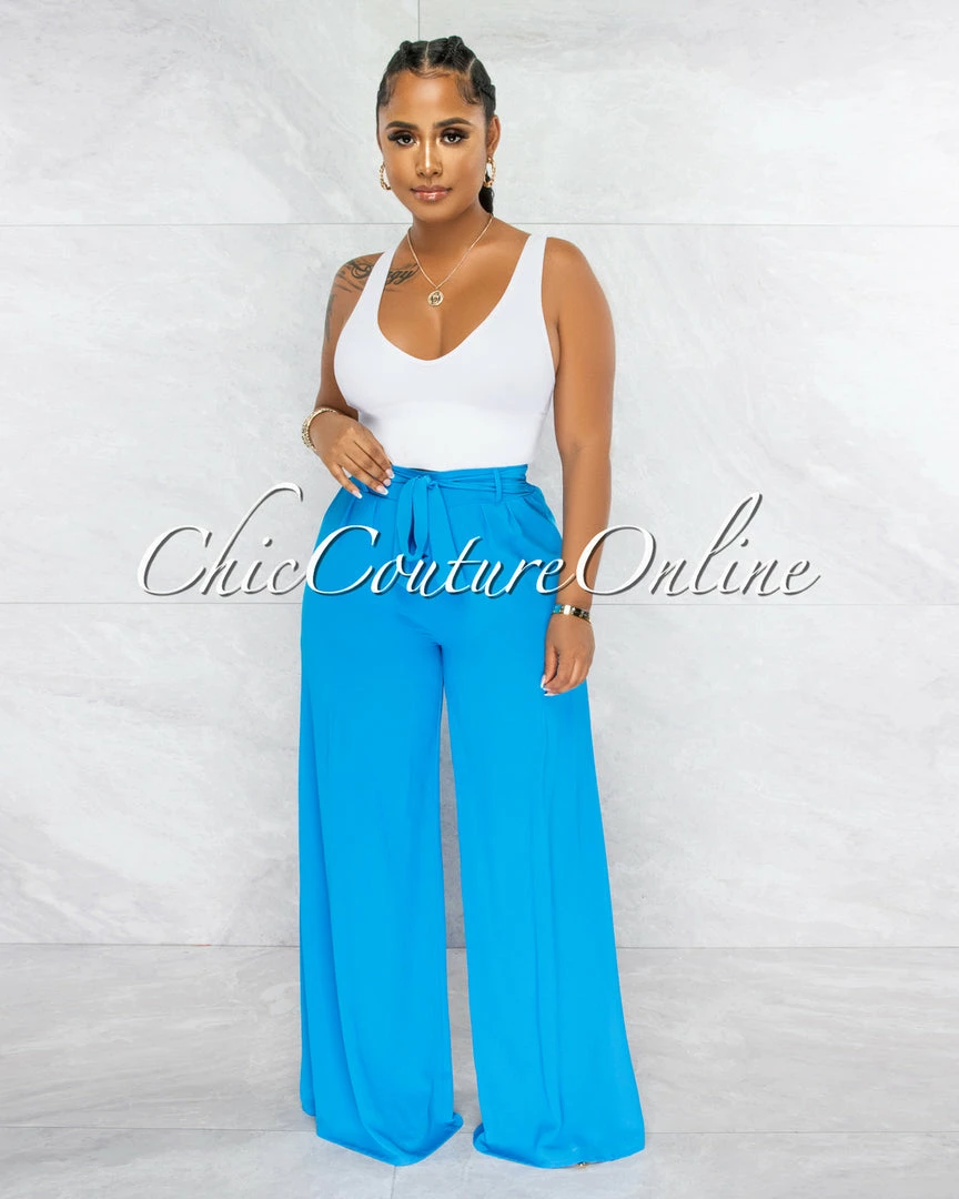 Vendor-unknown Chairo Turquoise Self-Tie Wait Wide Legs Pants JUST IN