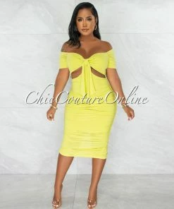 Chic Couture Online Morcan Lime Green Cut-Out Ruched Midi Dress JUST IN