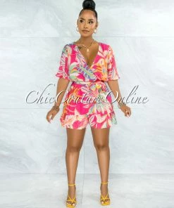 Vendor-unknown Goliath Hot Pink Multi Color Print Wrap Ruffle Romper