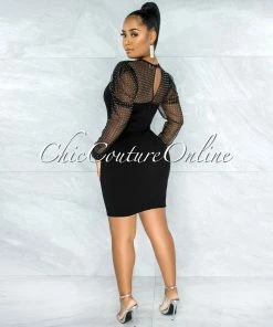 Vendor-unknown Merton Black Rhinestones Tulle Neck & Sleeves Dress