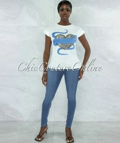 Vendor-unknown JUST IN Alcantara Off-White Blue Leopard Front Graphic T-Shirt