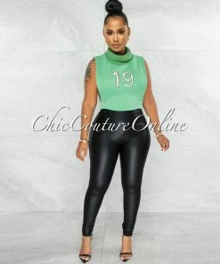 Vendor-unknown JUST IN Apex Green #19 Turtle Neck Open Sides Crop Top