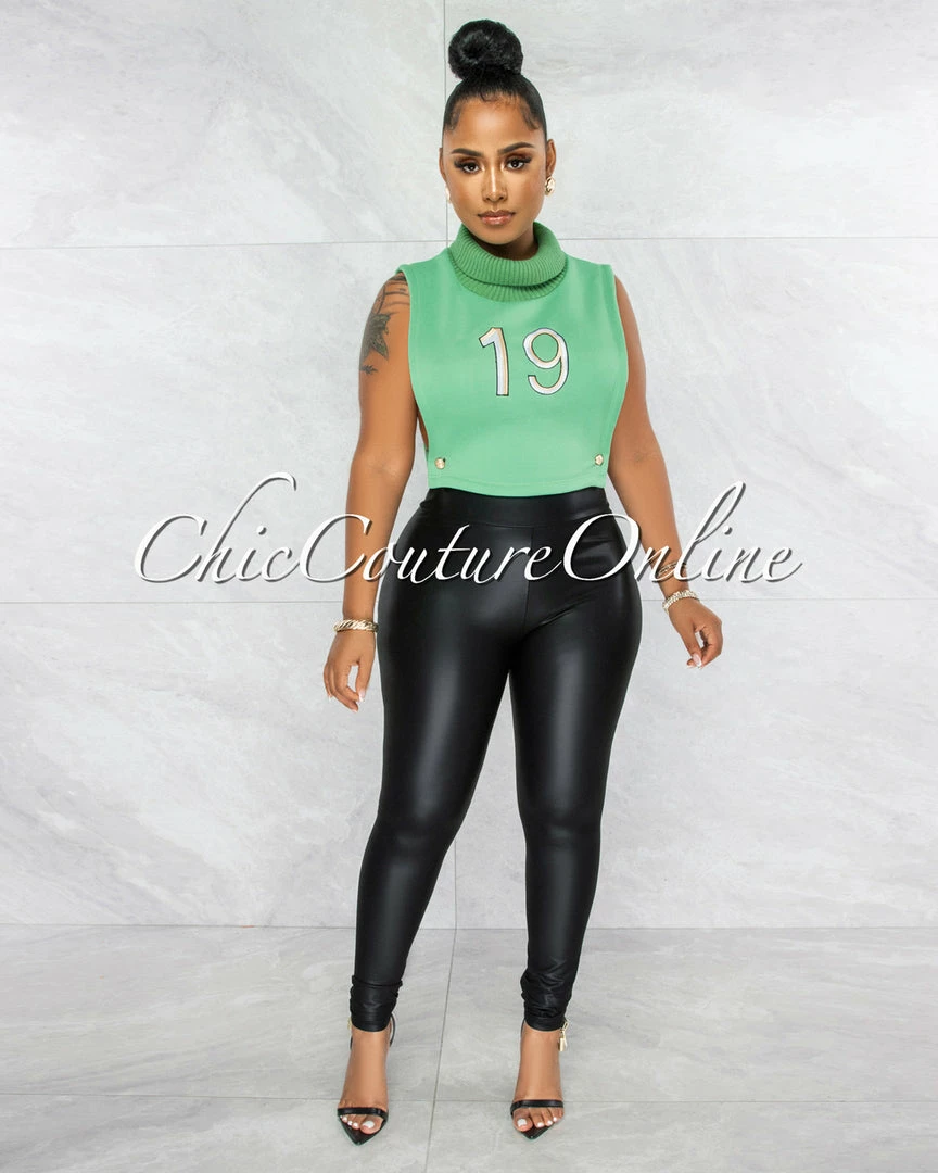 Vendor-unknown JUST IN Apex Green #19 Turtle Neck Open Sides Crop Top