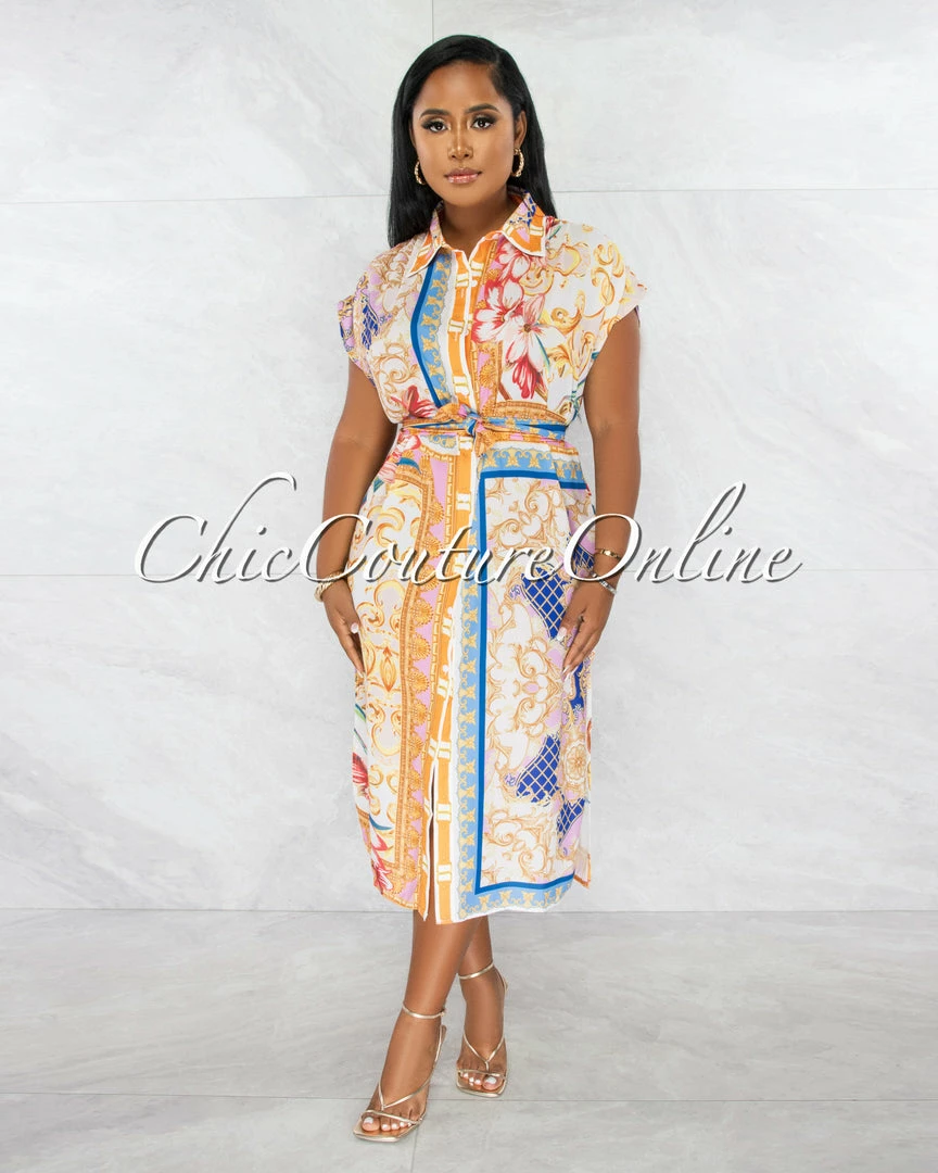 Chic Couture Online Morag Ivory Multi-Color Print Self-Tie Belt Shirt Dress