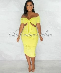 Chic Couture Online Morcan Lime Green Cut-Out Ruched Midi Dress JUST IN