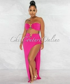 Chic Couture Online JUST IN Alyza Fuchsia Gold Accent Top & Maxi Slit Skirt Set