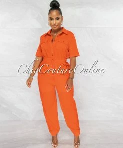 Chic Couture Online JUST IN Billie Orange Cargo Pockets Utility Jumpsuit