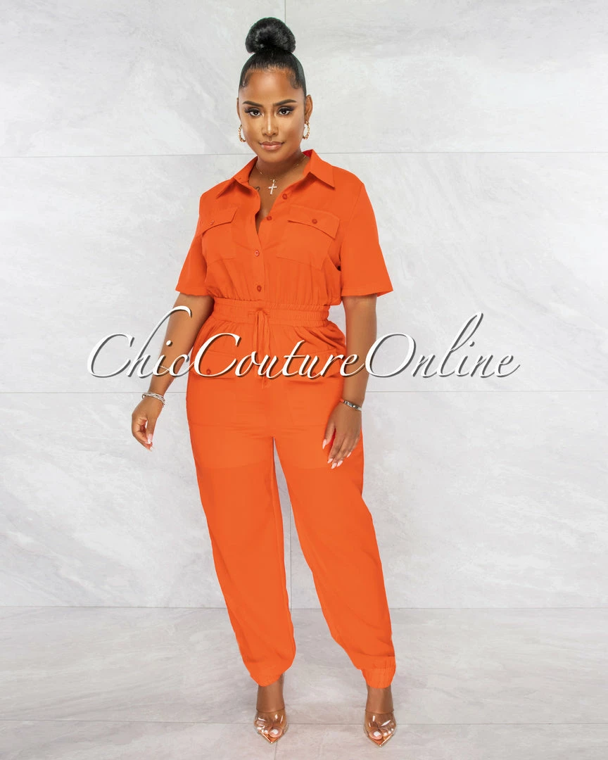 Chic Couture Online JUST IN Billie Orange Cargo Pockets Utility Jumpsuit