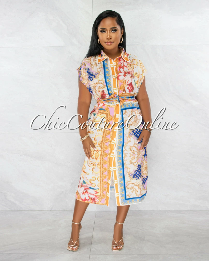 Chic Couture Online Morag Ivory Multi-Color Print Self-Tie Belt Shirt Dress