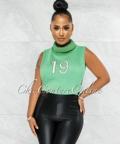 Vendor-unknown JUST IN Apex Green #19 Turtle Neck Open Sides Crop Top