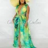 Chic Couture Online JUST IN Siren Green Palm Print Rhinestones Luxe Swimsuit & Cover-up