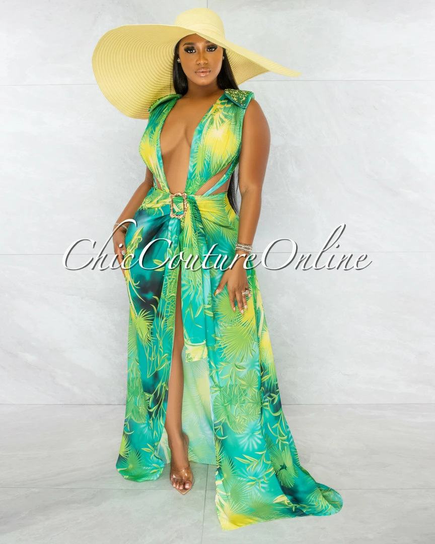 Chic Couture Online JUST IN Siren Green Palm Print Rhinestones Luxe Swimsuit & Cover-up