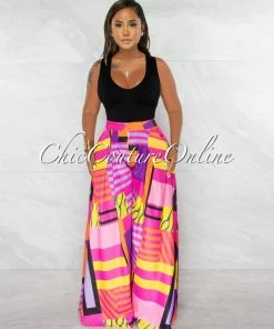 Chic Couture Online JUST IN Julie Fuchsia Multi Color Abstract Print Pleated Wide Pants