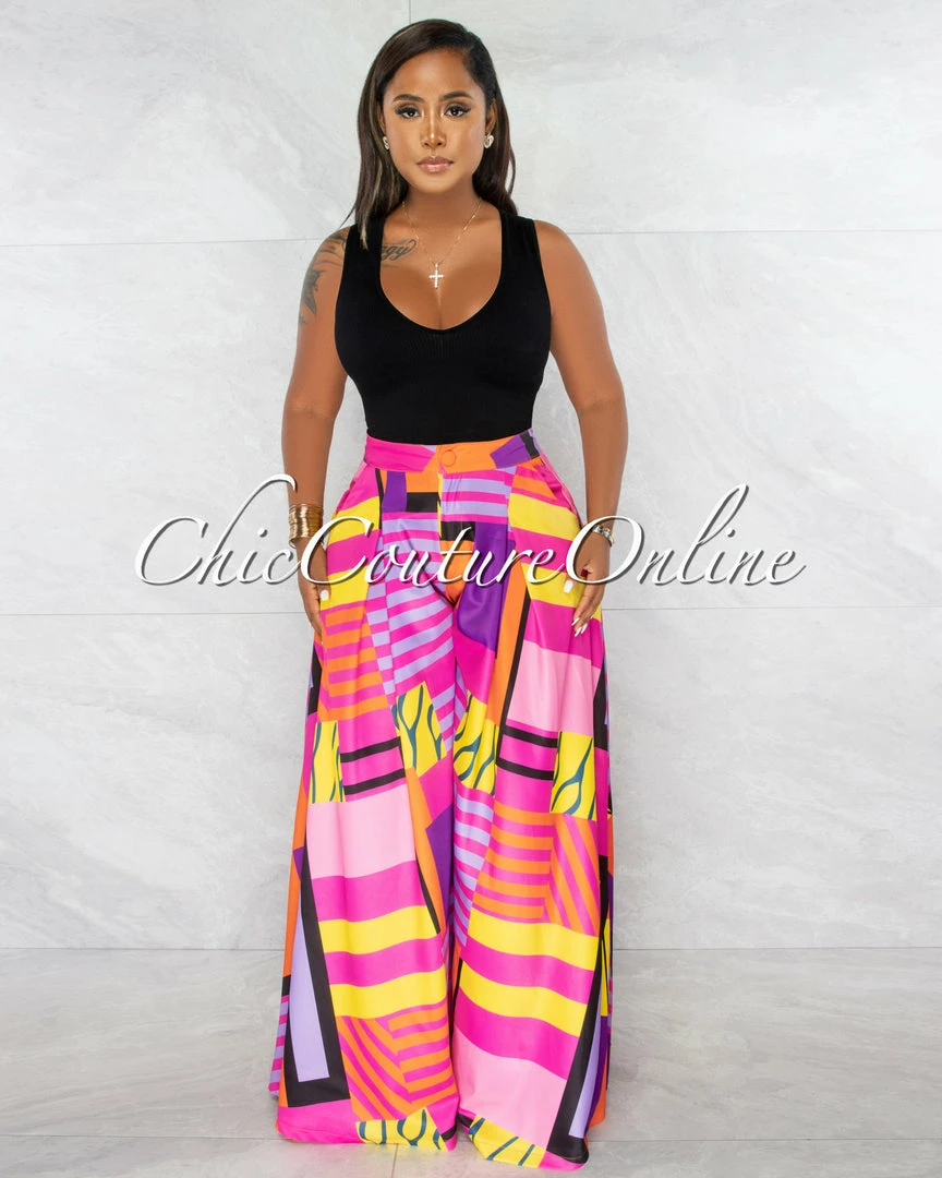Chic Couture Online JUST IN Julie Fuchsia Multi Color Abstract Print Pleated Wide Pants